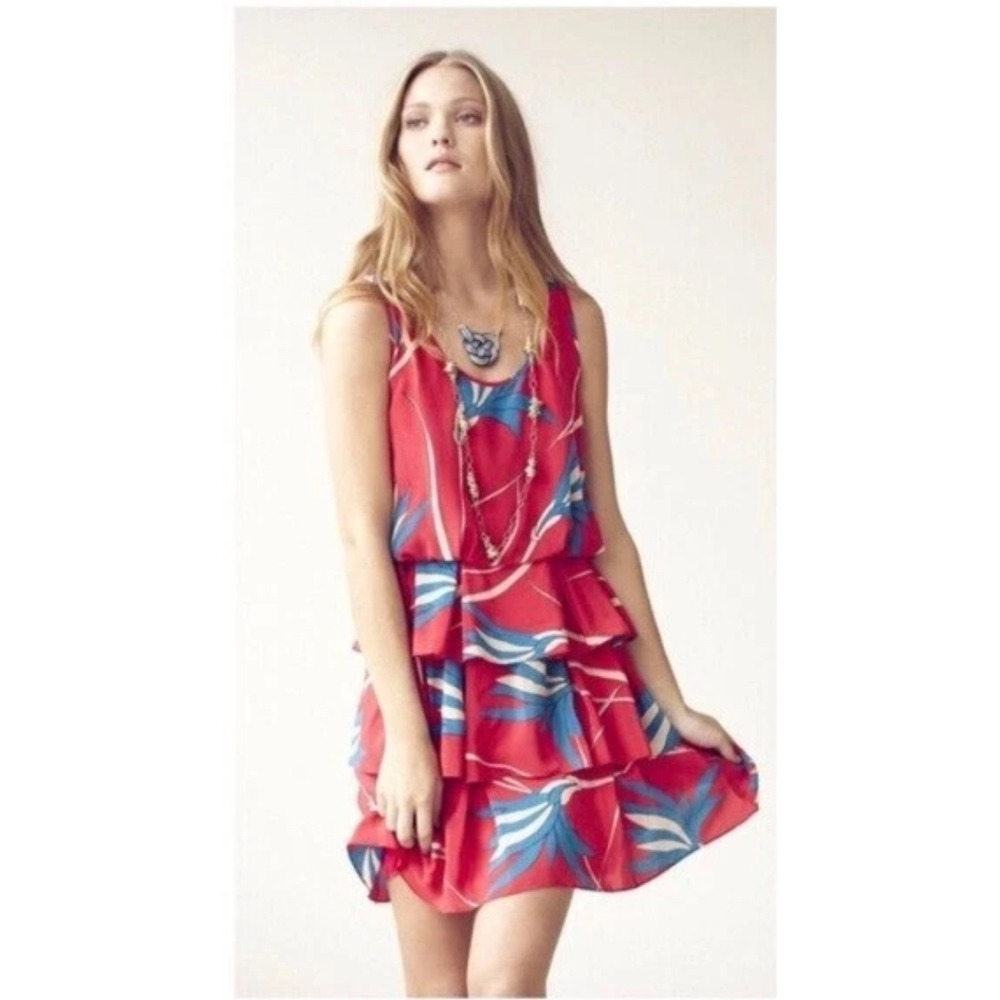 Anthropologie Sarah Silk Dress Tropical Print Ruffle Tiered Sleeveless - Picture 1 of 7